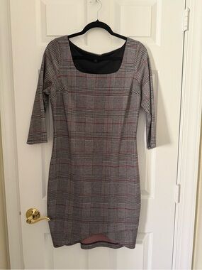 Express Plaid Midi Dress in Gray with Red Accents